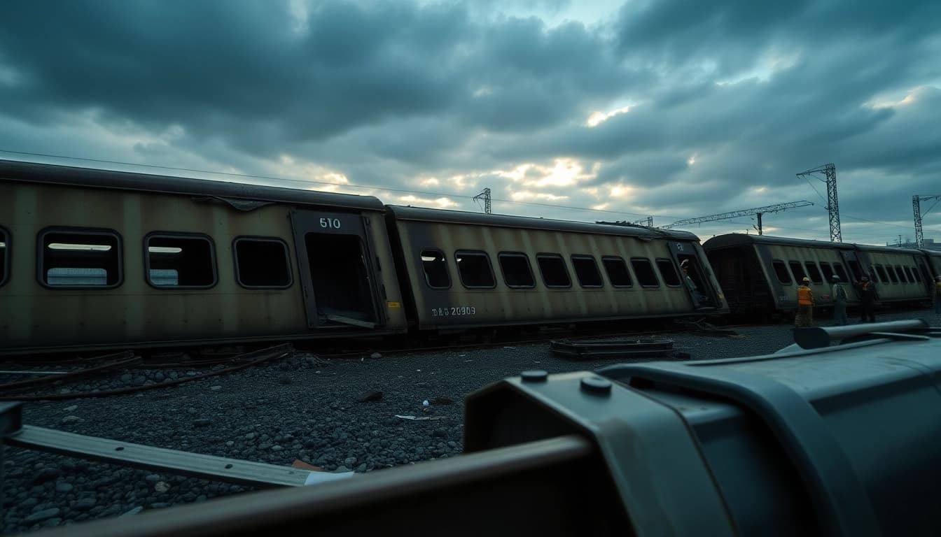 Spain train crash aftermath with damaged cars and responders at the scene.