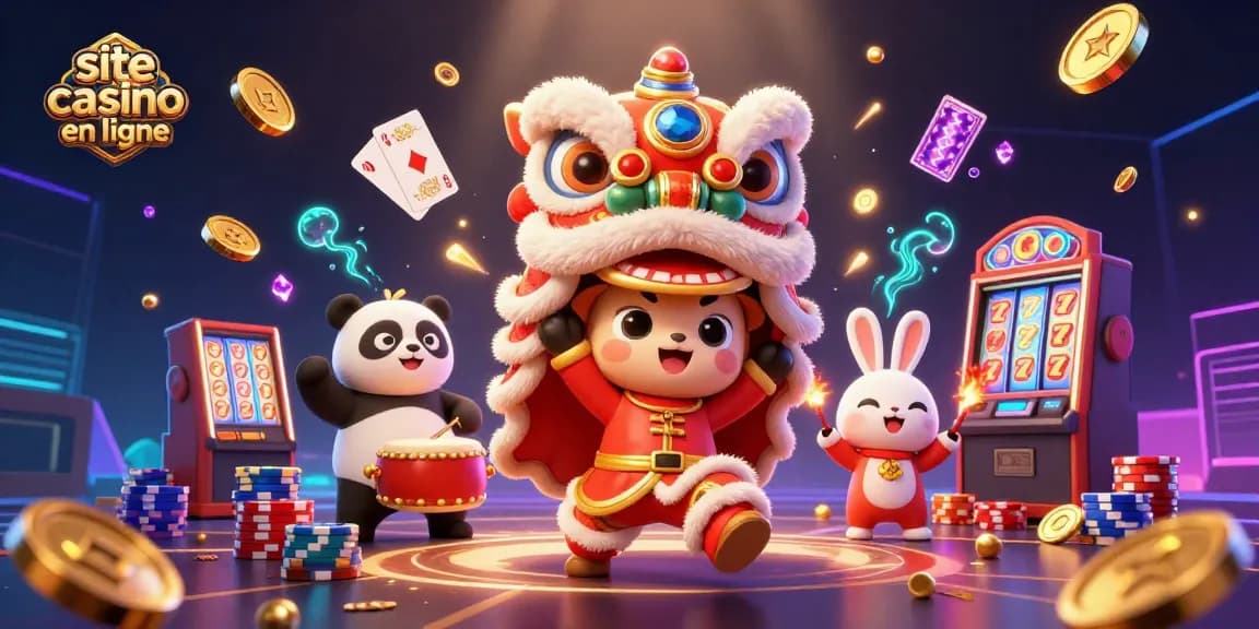 Jouez sur un site casino en ligne en découvrant une illustration 3D colorée d'une danse du lion et des éléments de jeu.