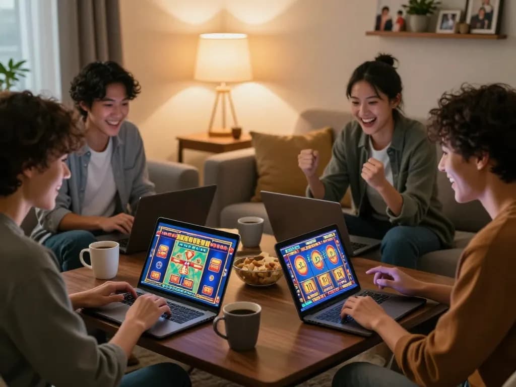 Engaging in online slot777 gaming session at home, showcasing excitement and strategic gameplay.