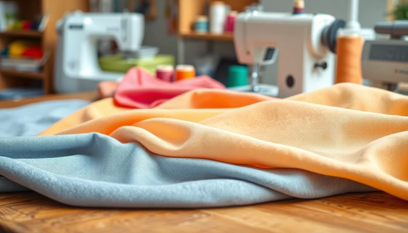 Beoordelingen van zachte stof voor kleding op een houten tafel met naaimaterialen.