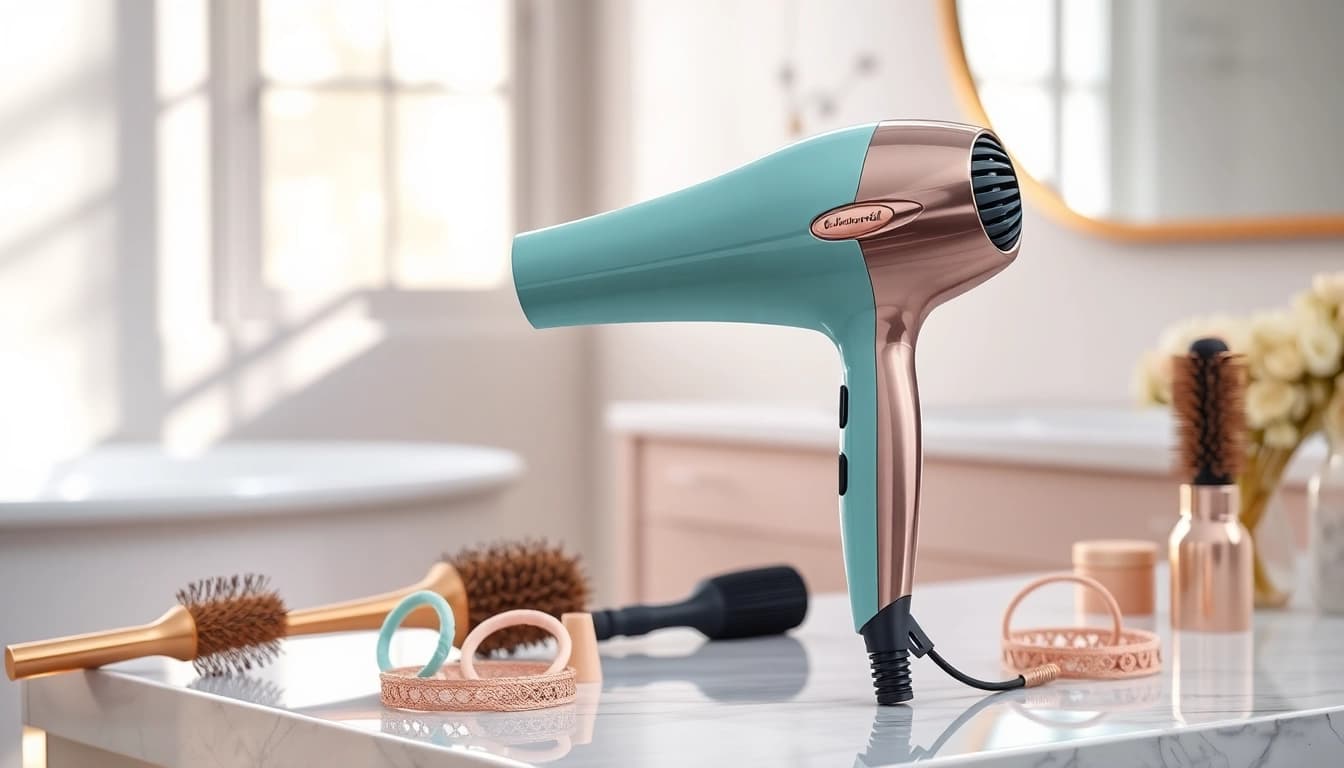Stylish hair dryer for fine hair elegantly placed on a vanity table, showcasing its modern design.