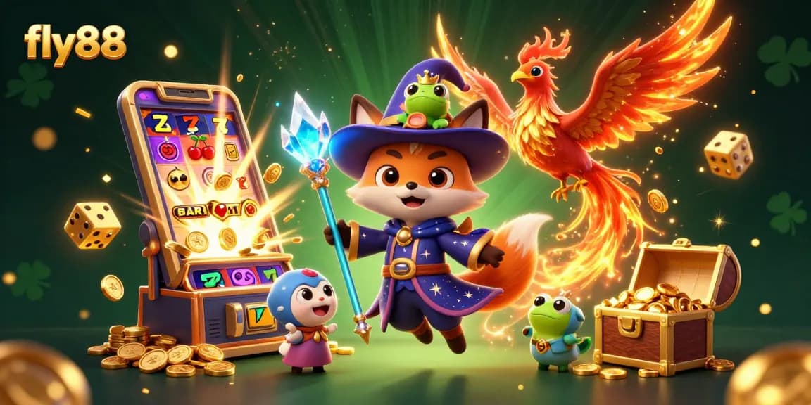 Engage with fly88's fantasy universe featuring a mystical wizard fox amidst slot jackpots and colorful game elements.