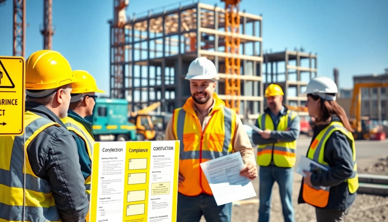 Showcase of construction labor compliance protocols with workers in a bustling site.