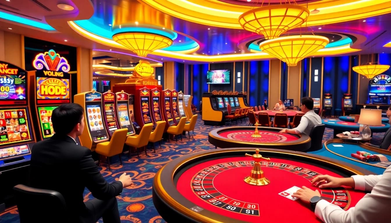 Engaging scene of players enjoying gaming at nhà cái vua99's vibrant online casino.