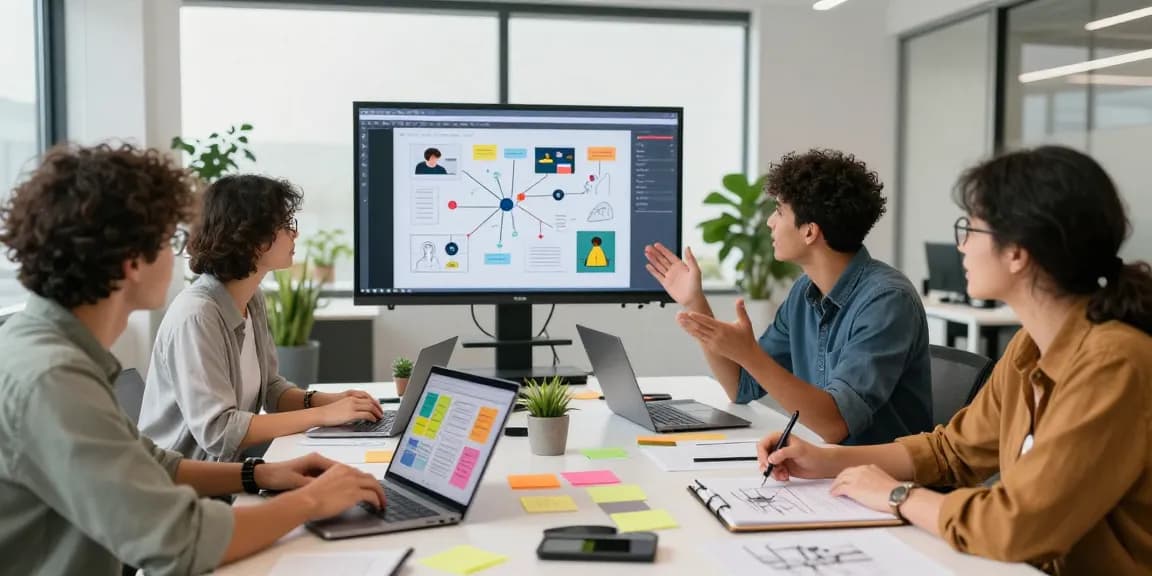 Team brainstorming on a mixboard layout in a modern open office, showcasing collaboration and creativity.