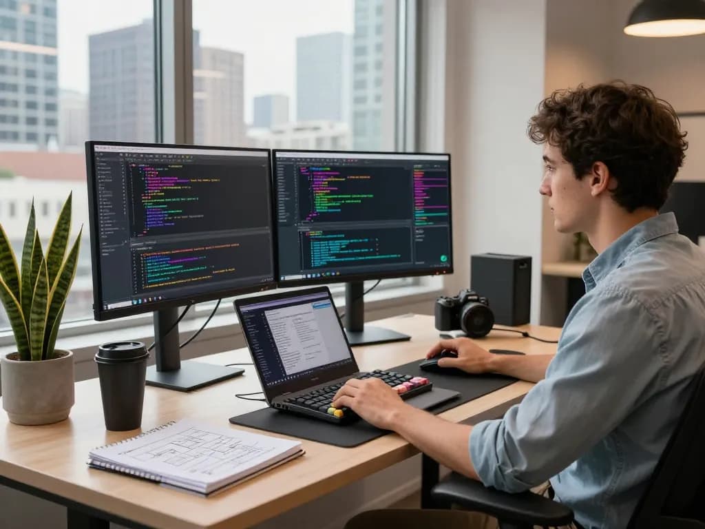 Developer working in a modern workspace using an image to prompt tool for AI, surrounded by coding monitors and design elements.