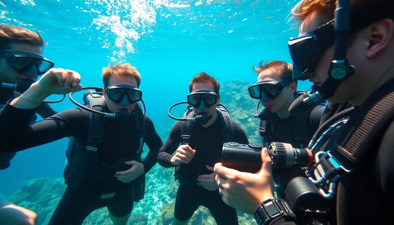 SSI Kurse: Taucher bei einer praxisorientierten Ausbildung im klaren Wasser.