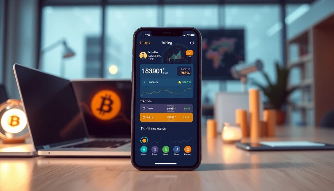 Visual representation of a crypto mining app with modern interface on smartphone, surrounded by financial elements.