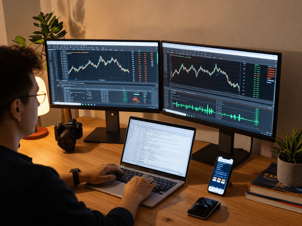MetaTrader 5 官网中的图表分析场景，展示加密货币交易和金融工具。
