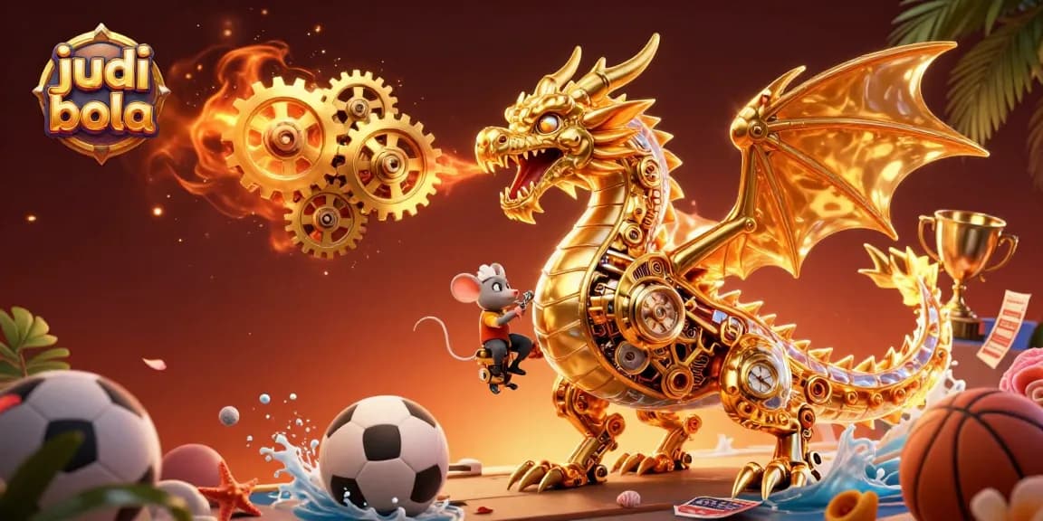 Experience judi bola excitement with 3D illustration of a golden dragon breathing gears, surrounded by sports betting elements.