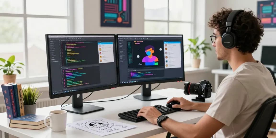 Tavern AI character creation scene in a vibrant digital studio, showcasing a creative developer at work.
