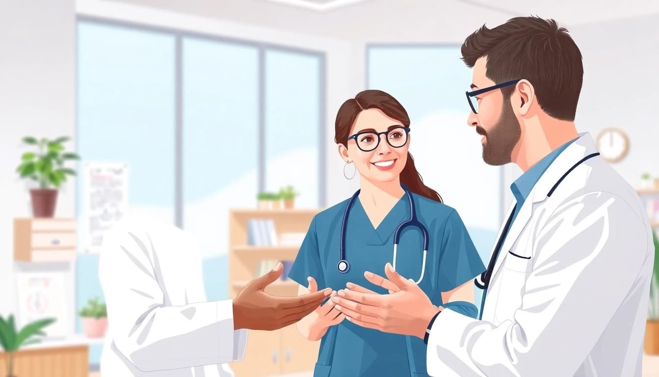 Engaging discussion about Health in a modern clinic emphasizing care and well-being.