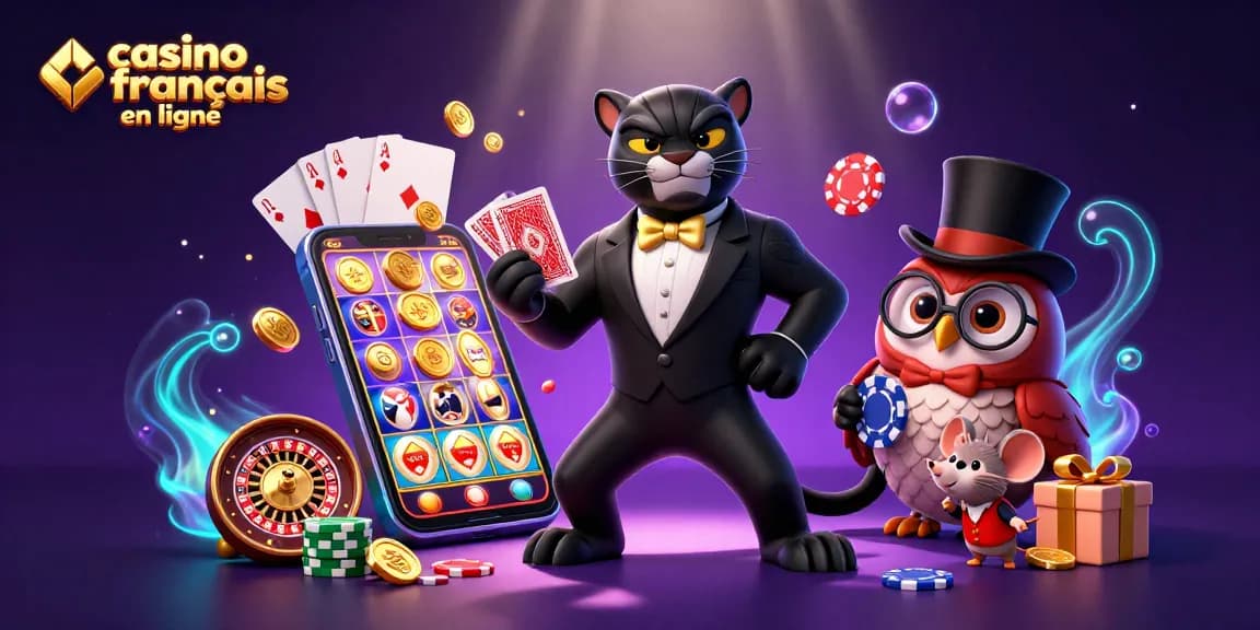 Profitez de jeux excitants sur casino français en ligne avec des personnages de jeu colorés et des éléments de casino.