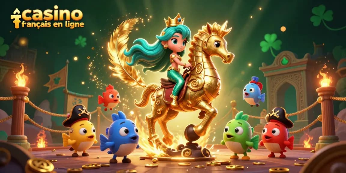 Découvrez le casino français en ligne avec cette illustration remplie de personnages colorés et d'éléments de jeu fascinants.
