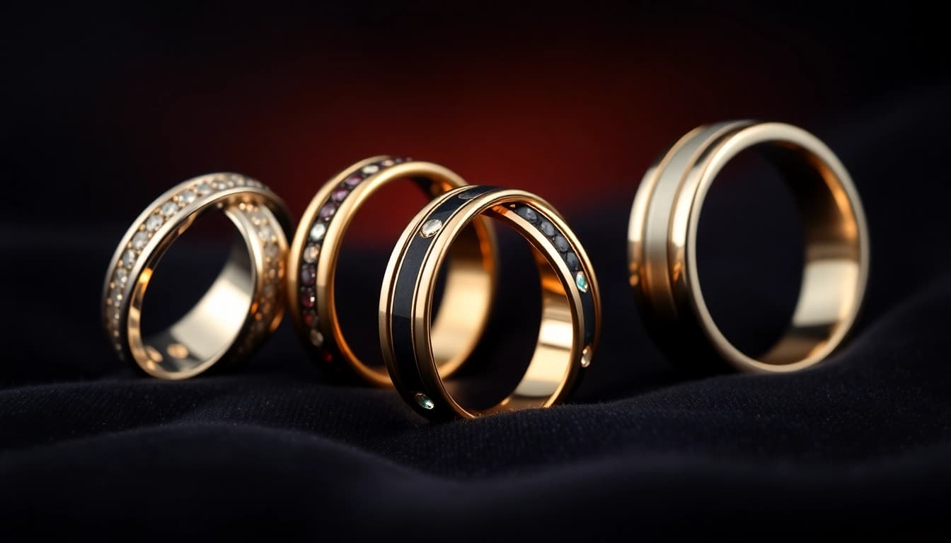 Showcasing stunning mens wedding rings on velvet, highlighting their unique designs and craftsmanship.
