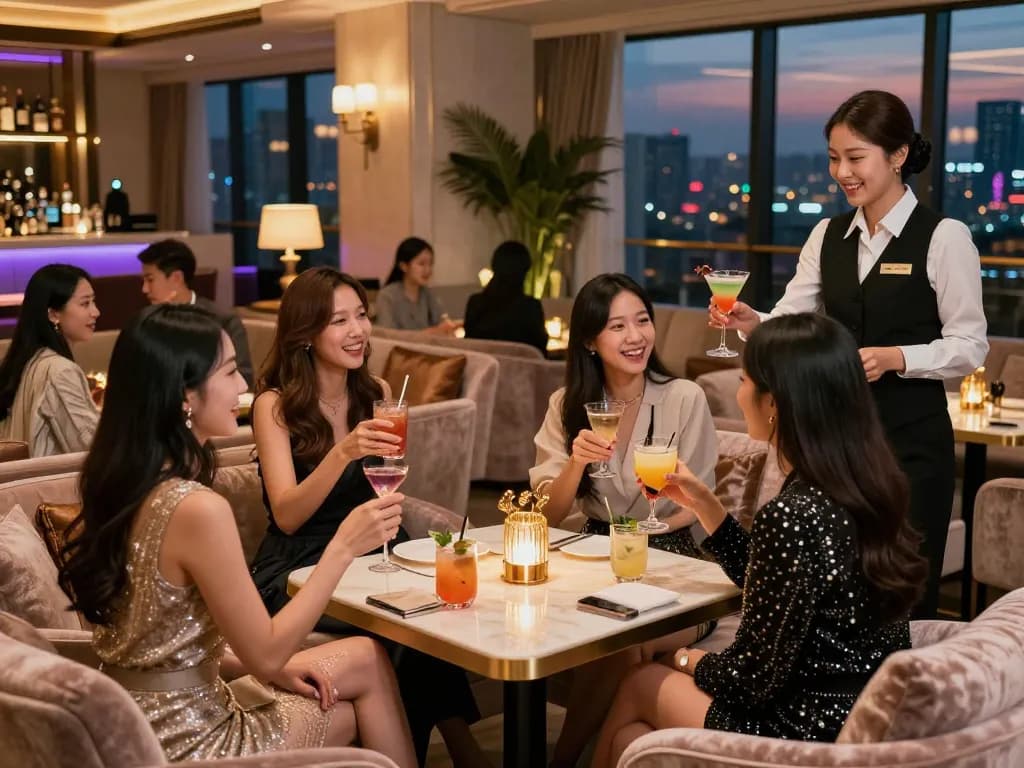 Enjoying the premium nightlife experience at 강남쩜오 with friends in a luxurious lounge atmosphere.