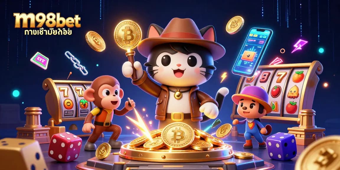 Engage with m98bet ทางเข้ามือถือ while uncovering treasures in a glowing casino scene filled with vibrant digital elements.