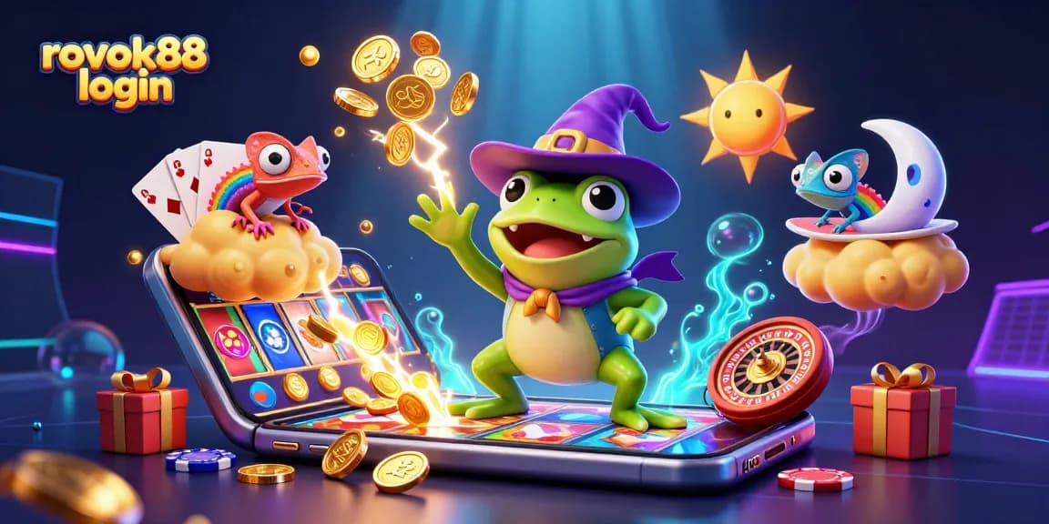 Capture the excitement of gambling with rokok88 login amidst vibrant casino elements and colorful characters.