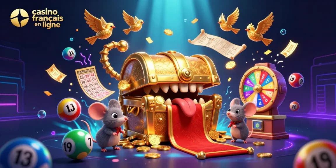 Jouez sur un casino français en ligne avec des bonus et des jeux captivants dans une scène animée.