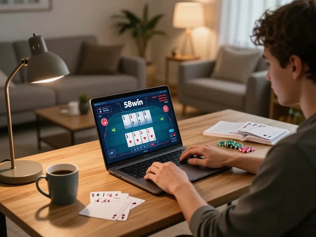 Player using laptop for poker game on 58win while taking notes at a cozy desk.