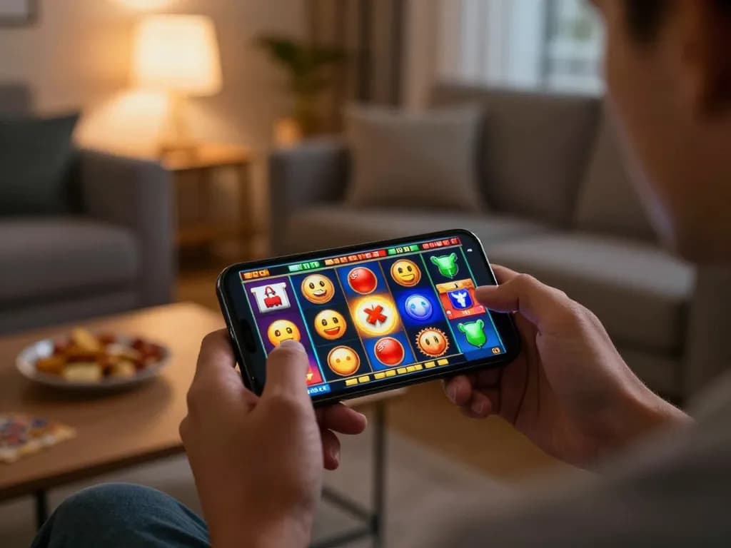 Engaging with situs slot bet 200 on smartphone while enjoying a cozy home environment, showcasing dynamic online gameplay.