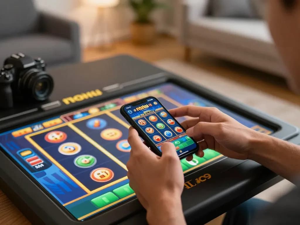 A player enjoying the nohu slot game on their smartphone, showcasing an engaging online gaming experience at home.