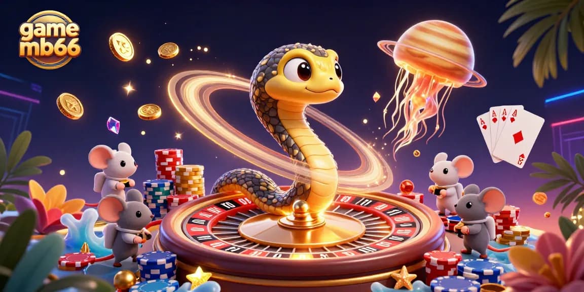 Win big with game mb66 in this vibrant cosmic casino illustration featuring 3D characters.