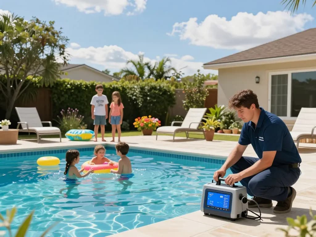 Dolphin Pool Services technician providing professional pool maintenance to a happy family in a pristine backyard setting.
