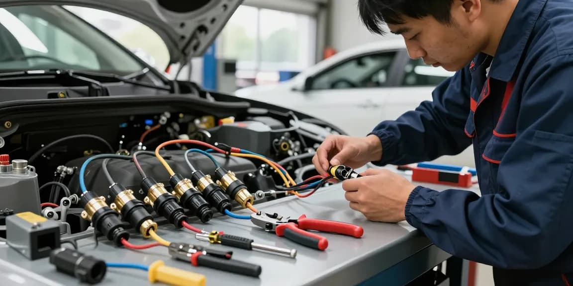 Heavy duty waterproof electrical connectors being installed in an automotive workshop for reliable connections.