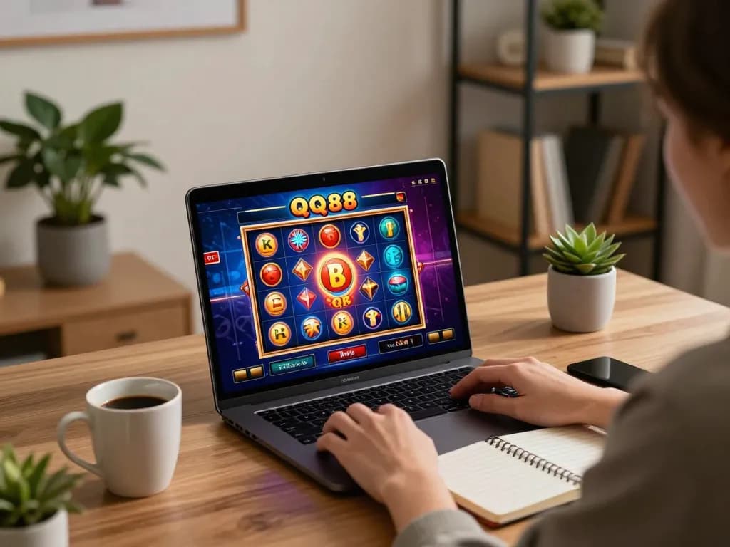 Person enjoying a gaming session on qq 88 platform in a stylish home workspace.