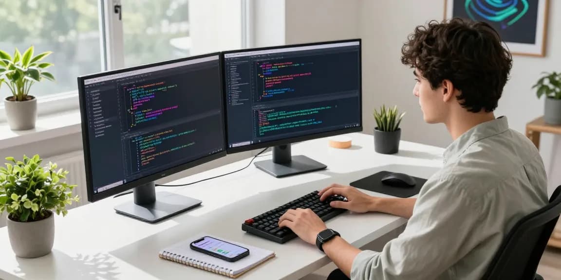 Dynamic tech workspace with a developer coding 纸飞机中文版 on dual monitors, showcasing a modern office environment.