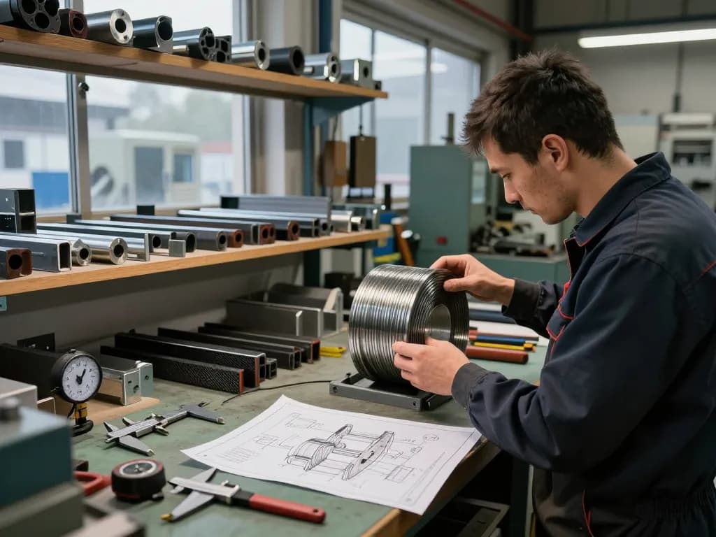 Tehnician inspectând arcuri tractiune într-un atelier industrial, prezentând diverse materiale și unelte.