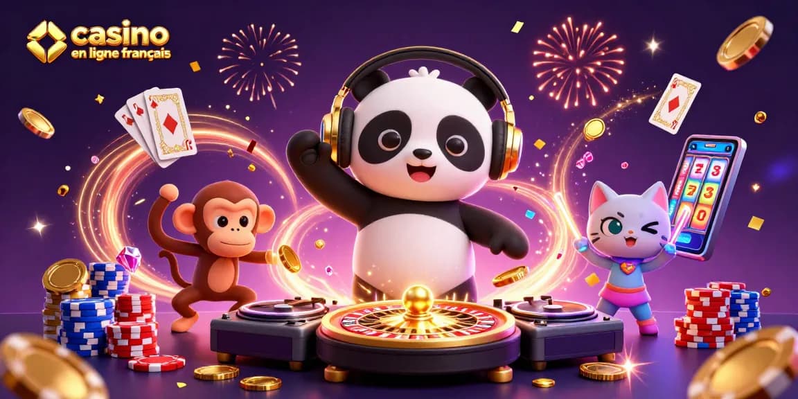Illustration dynamique avec un DJ panda et un singe dansant pour un casino en ligne français.
