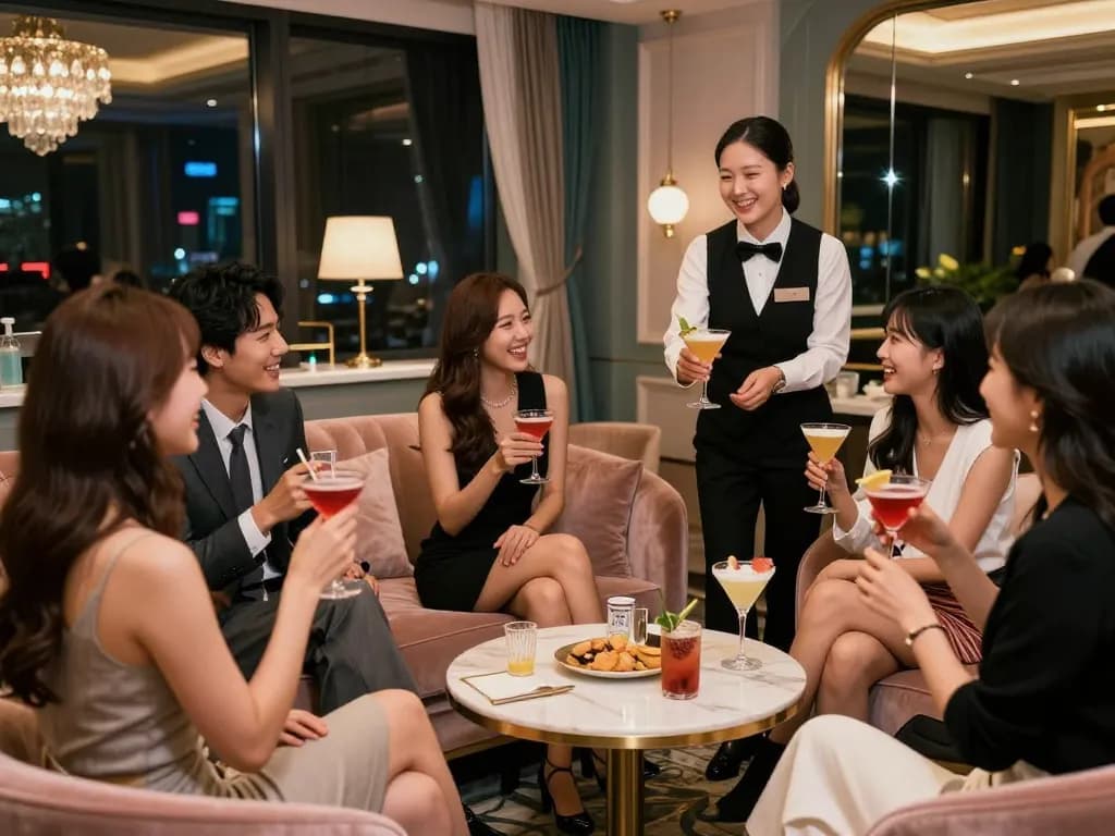 Enjoying premium services at 강남쩜오, a luxurious night out in stylish private setting.