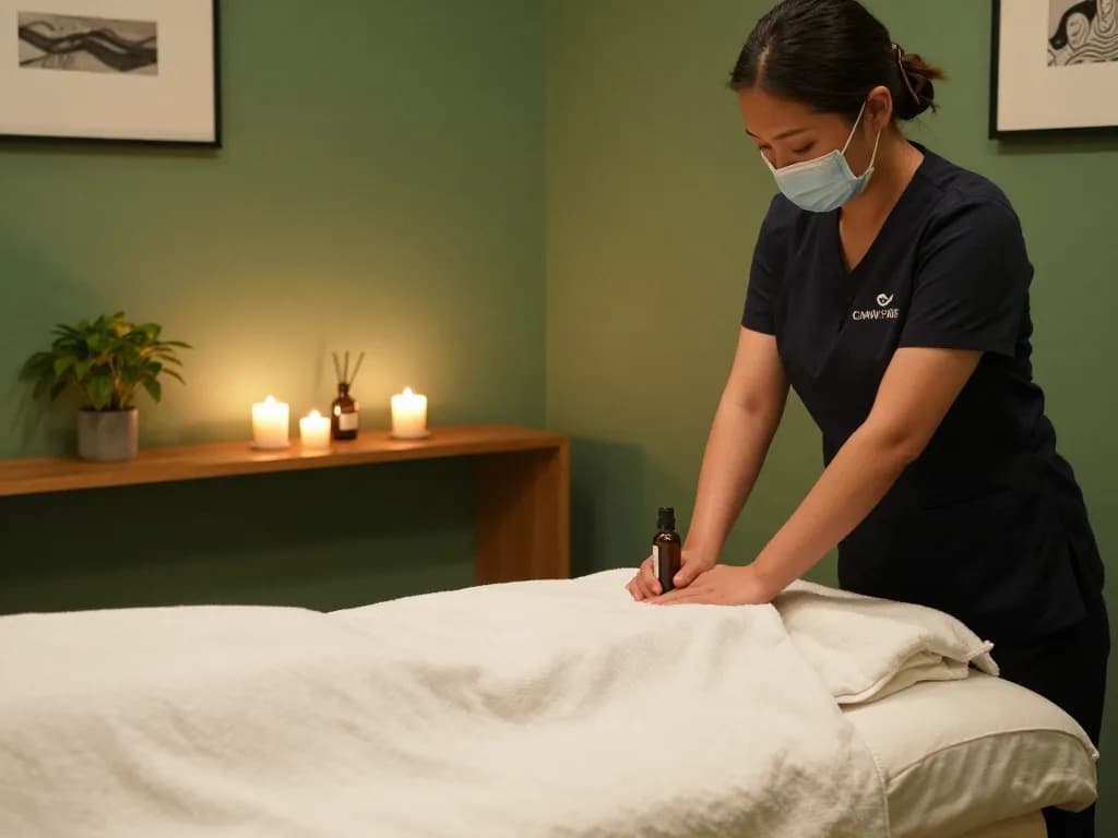 Relaxing 치평동마사지 therapy room with calming atmosphere and soothing elements.