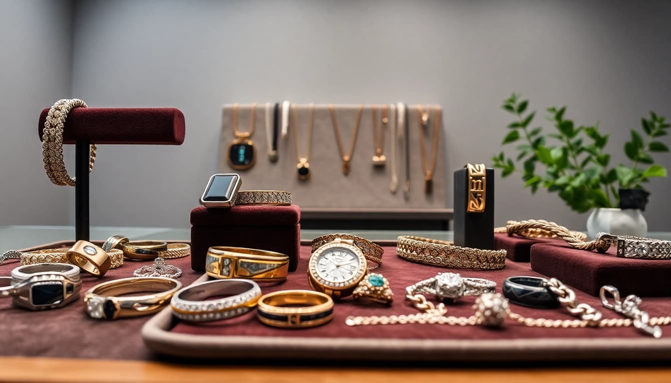 Showcase of men’s jewelry featuring elegant rings and bracelets in a modern display.