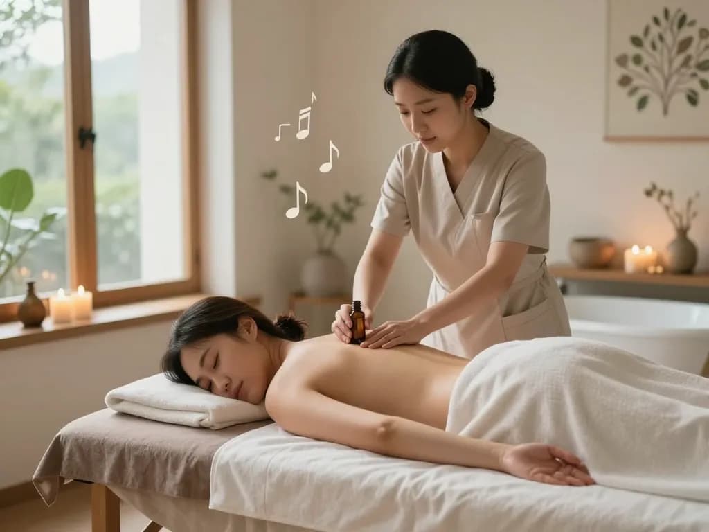 편안한 분위기 속에서 부드러운 조명과 아로마 캔들로 가득한 스파에서 강남마사지를 즐기고 있습니다.