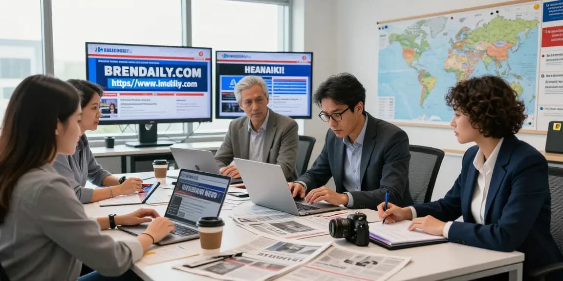 Dynamic newsroom scene with journalists collaborating on news from https://www.theindaily.com, showcasing vibrant energy.