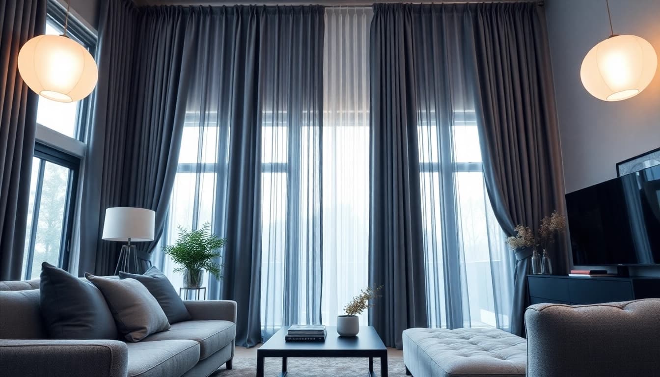 Verduisterende gordijnen in een moderne woonkamer creëren een gezellige sfeer.