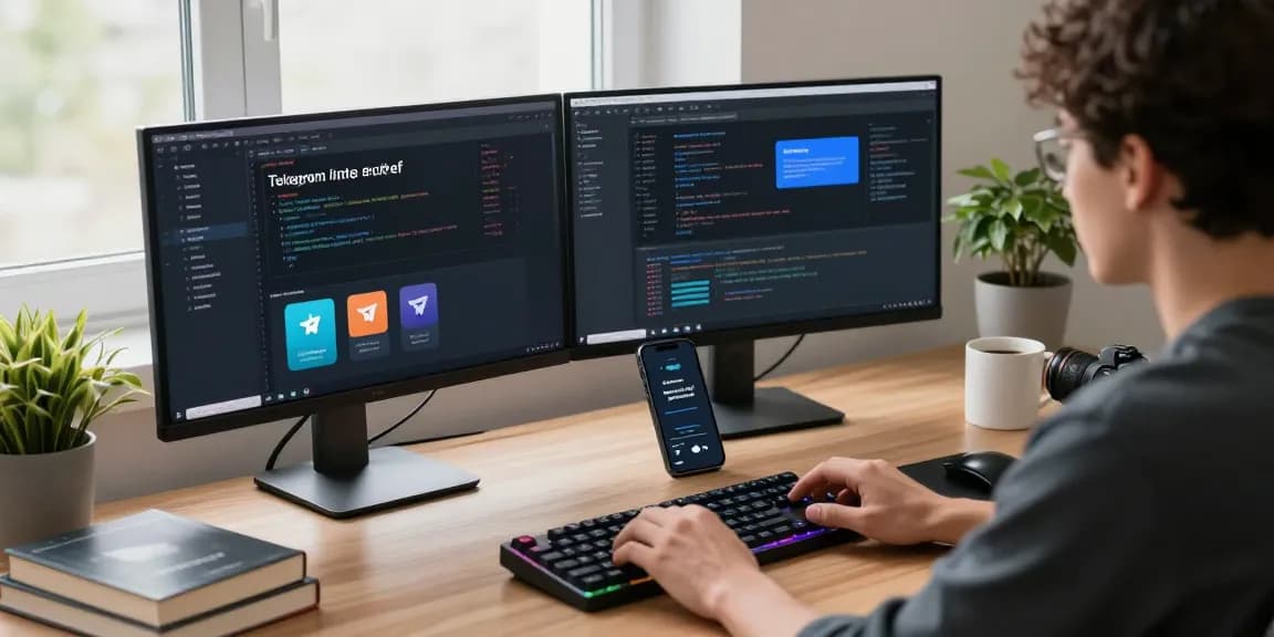 Developer optimizing telegram中文版 interface in modern workspace with dual monitors and coding setup.