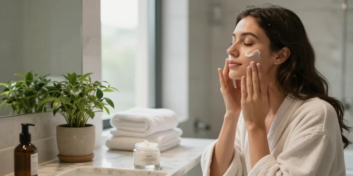O tânără aplicând cremă hidratantă pentru față într-o baie modernă, creând o rutină de îngrijire a pielii liniștitoare.