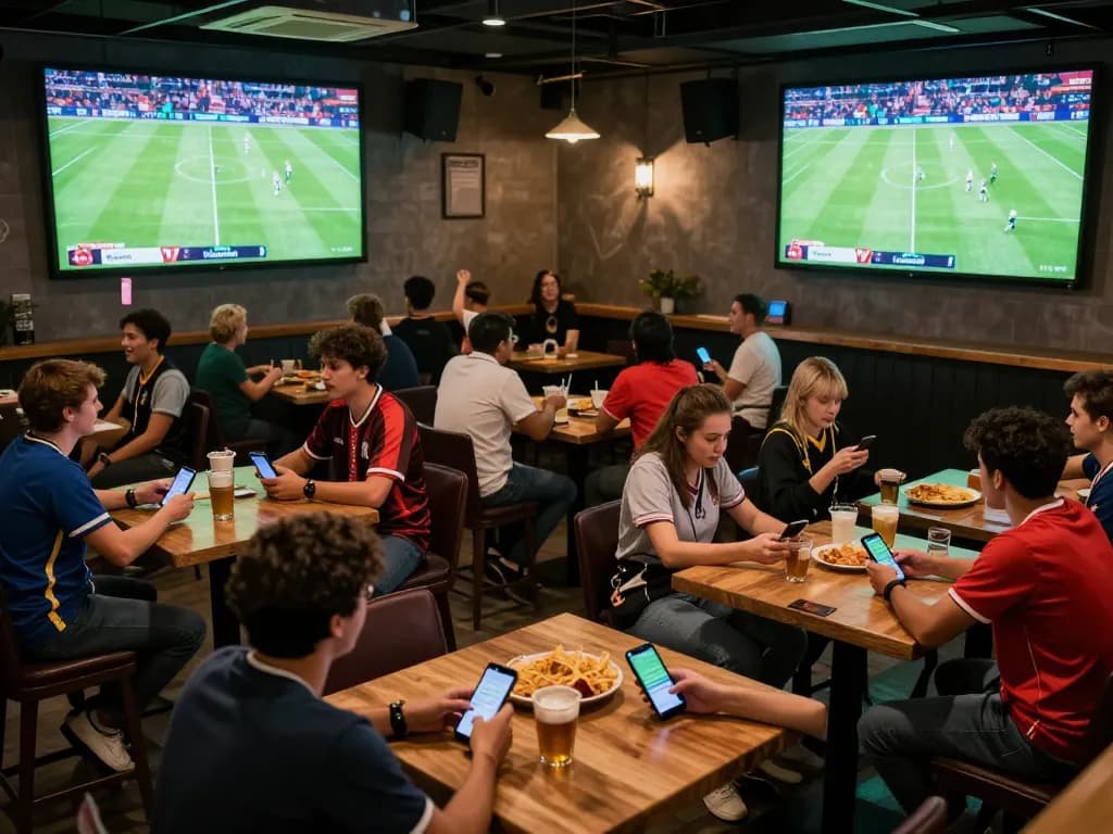 Fans enjoying live football on Cakhia TV in a vibrant sports bar, capturing the excitement of betting.