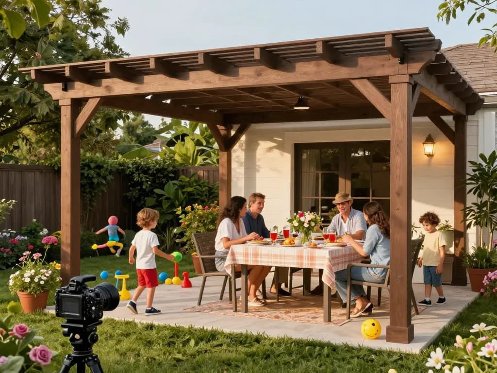 Family gathering under a customizable online pergola configurator, enjoying a sunny day outdoors.