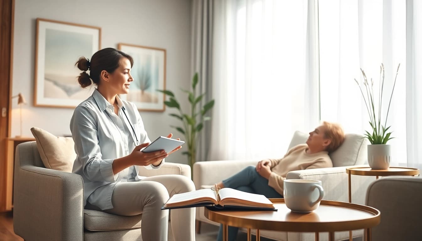 Anxiety symptoms consultation with a therapist in a peaceful office setting.