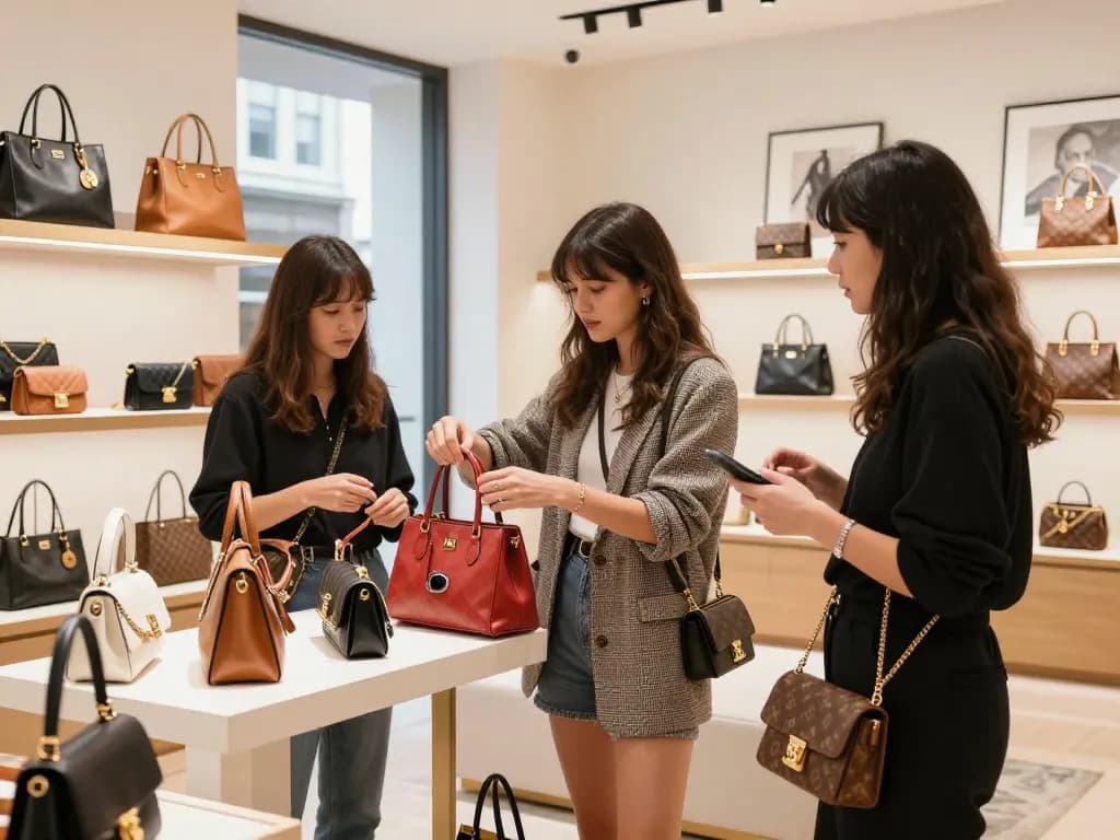 Shopping for high-quality 레플리카 handbags in a trendy urban boutique with stylish accessories.