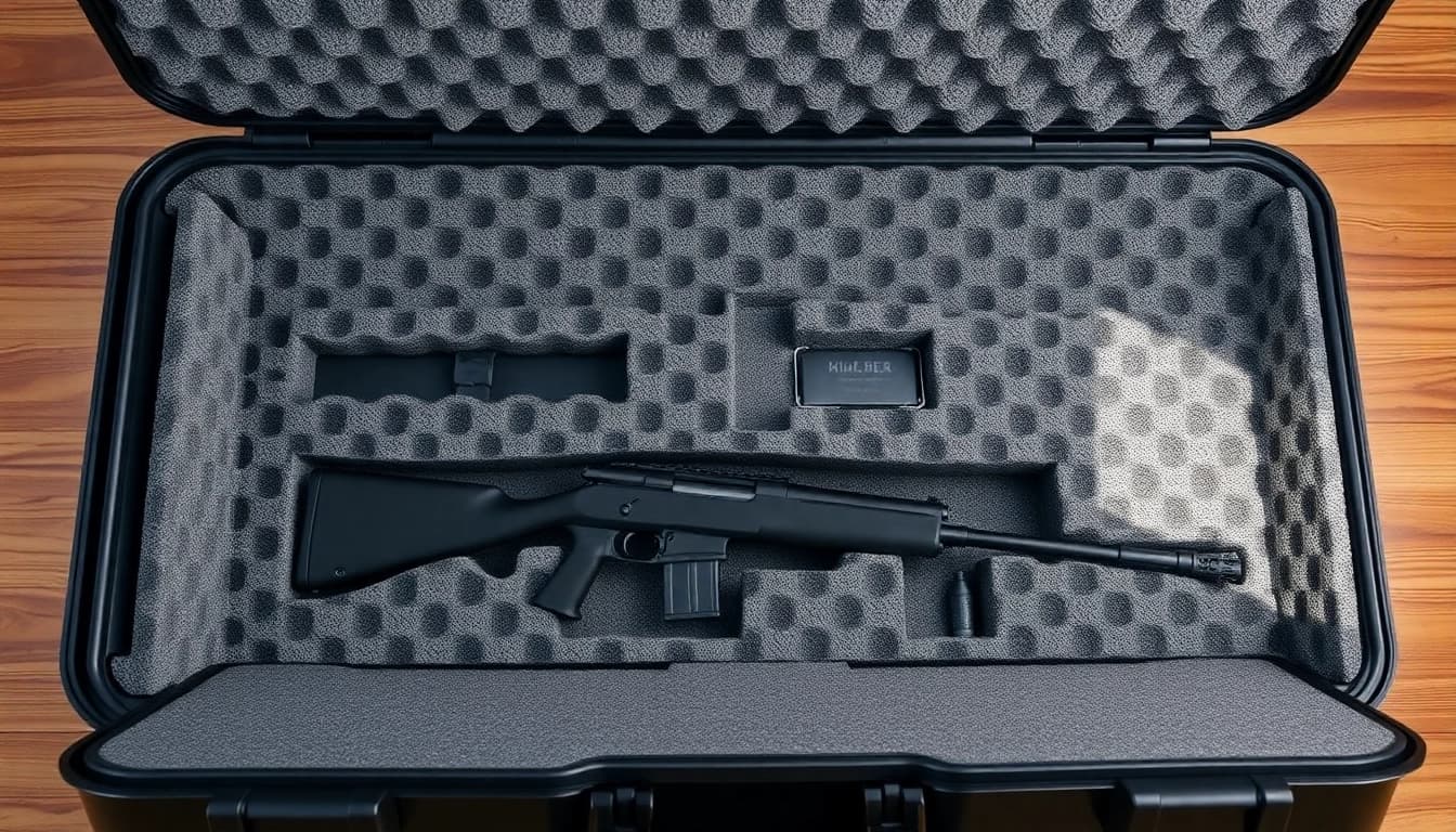 Foam for rifle case with organized compartments and textured detail in a natural setting.