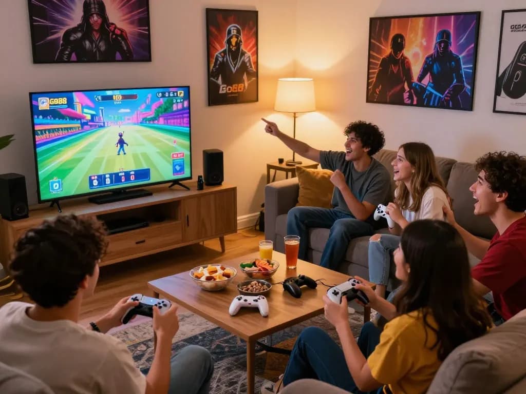 Friends enjoying tải go88 games together in a cozy living room setup.