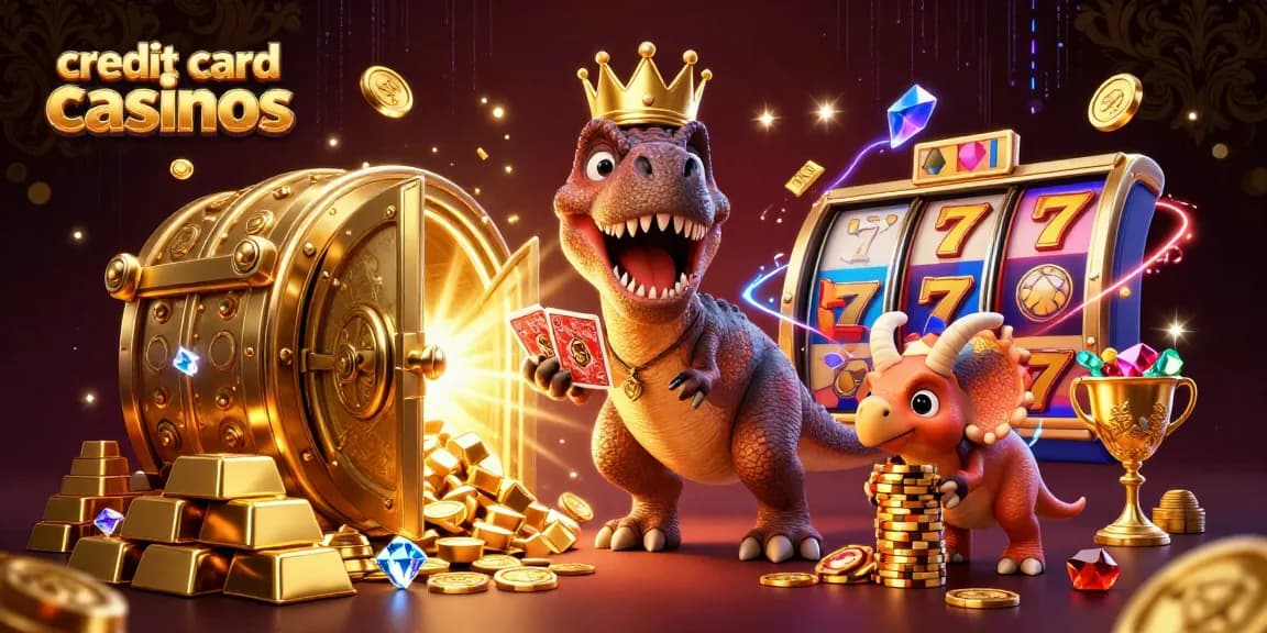 Experience excitement at credit card casinos with playful dinosaurs stacking chips and playing cards.