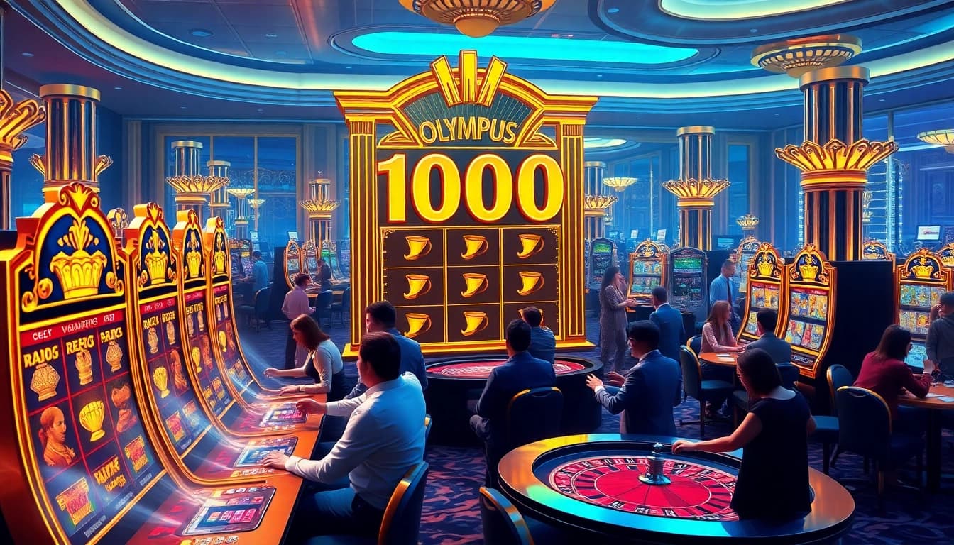 Pemain beraksi di mesin slot Olympus 1000 dalam suasana kasino mewah.