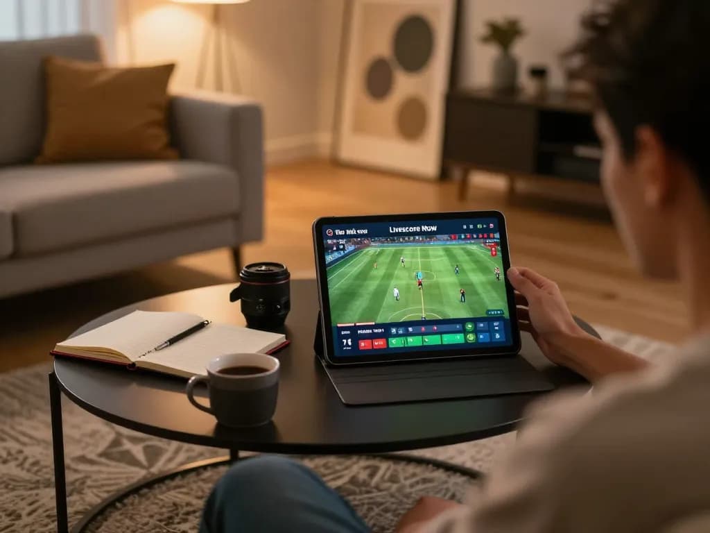 Tính Năng Livescore Nowgoal displayed on tablet in an engaging online sports betting environment with a cozy home setting.